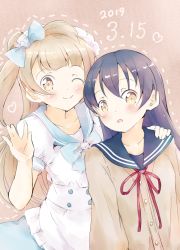 Rule 34 | 2girls, blue hair, blush, commentary request, dated, grey hair, hair between eyes, hand on another&#039;s shoulder, highres, long hair, long sleeves, looking at viewer, love live!, love live! school idol project, minami kotori, multiple girls, one eye closed, open mouth, sailor collar, sanpo, short sleeves, simple background, smile, sonoda umi, upper body, yellow eyes