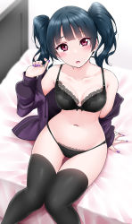 Rule 34 | 1girl, bed, black thighhighs, blush, bra, breasts, cleavage, collarbone, commentary request, fingernails, highres, jacket, lace, lace-trimmed bra, lace-trimmed panties, lace trim, lingerie, looking at viewer, love live!, love live! sunshine!!, nail polish, navel, on bed, open clothes, open jacket, open mouth, panties, purple jacket, purple nails, red eyes, sitting, small breasts, solo, thighhighs, tsushima yoshiko, twintails, underwear, yopparai oni