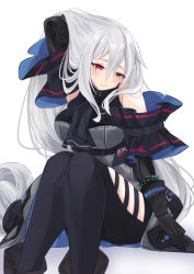 Rule 34 | 1girl, arknights, ascot, bare shoulders, black ascot, black gloves, black pants, breasts, clothing cutout, elbow gloves, feet out of frame, gloves, hair between eyes, head tilt, highres, knee up, large breasts, leggings, long hair, looking at viewer, no headwear, pants, red eyes, simple background, sitting, skadi (arknights), skadi (elite ii) (arknights), solo, thigh cutout, thighs, tsuyuki yuki, very long hair, white background, white hair