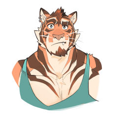 Rule 34 | 1boy, animal ears, asher (saltypoundcake), bara, cropped torso, eyebrow piercing, facial hair, fang, fang out, furry, furry male, goatee, green tank top, large pectorals, looking at viewer, male focus, mature male, muscular, muscular male, orange fur, original, pectoral cleavage, pectorals, piercing, raised eyebrow, saltypoundcake, short hair, solo, streaked beard, tank top, thick eyebrows, tiger boy, tiger ears, two-tone fur, white background