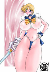 Rule 34 | 1990s (style), 1girl, bishoujo senshi sailor moon, blonde hair, blue eyes, breasts, huge breasts, impossible clothes, impossible shirt, lento (glamour works), retro artstyle, shirt, short hair, solo, tagme, ten&#039;ou haruka