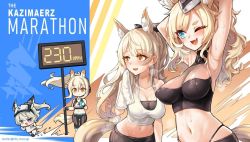 Rule 34 | 4girls, ;d, animal ear fluff, animal ears, arknights, armpits, arms up, aunt and niece, bare arms, bare shoulders, black headwear, black shirt, blemishine (arknights), blonde hair, blue eyes, breasts, cleavage, collarbone, covered erect nipples, crop top, fang, grani (arknights), hat, hm (hmongt), holding, horse ears, horse girl, horse tail, large breasts, long hair, midriff, multiple girls, navel, nearl (arknights), one eye closed, open mouth, orange eyes, ponytail, shirt, siblings, sign, sisters, sleeveless, sleeveless shirt, smile, stomach, stretching, sweat, tail, towel, whislash (arknights), white shirt