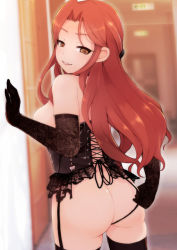Rule 34 | 10s, 1girl, ass, backboob, bare shoulders, black gloves, black panties, black thighhighs, breasts, brown eyes, brown hair, corset, cowboy shot, elbow gloves, from behind, garter straps, gloves, grin, half updo, idolmaster, idolmaster cinderella girls, indoors, lace, lace gloves, lillithlauda, lingerie, long hair, looking at viewer, looking back, panties, panty tug, smile, solo, standing, thighhighs, thong, underwear, zaizen tokiko