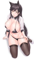 Rule 34 | 1girl, animal ears, areola slip, atago (azur lane), atago (stunning speedster) (azur lane), azur lane, bikini, black bikini, black hair, blush, breasts, brown eyes, brown thighhighs, dog ears, extra ears, large breasts, long hair, long sleeves, looking at viewer, navel, official alternate costume, open mouth, race queen, ribbon, sama samasa, shrug (clothing), smile, solo, swept bangs, swimsuit, thighhighs, white ribbon, wrist cuffs