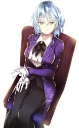 Rule 34 | 1girl, alternate hairstyle, angela (project moon), bad id, bad pixiv id, black jacket, black neckwear, black pants, blouse, cape, from above, gloves, hair between eyes, hand on lap, highres, jacket, library of ruina, lobotomy corporation, long sleeves, looking at viewer, nidaime (doronbo), pants, pinstripe pants, pinstripe pattern, print cape, project moon, purple cape, shirt, short hair, silver hair, simple background, sitting, smile, solo, striped clothes, striped pants, vertical-striped clothes, vertical-striped pants, white background, white gloves, white shirt, yellow eyes