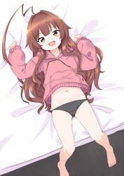 Rule 34 | 1girl, :d, ahoge, barefoot, bed, black panties, brown eyes, brown hair, fang, female focus, from above, hair intakes, hood, hooded sweater, huge ahoge, kantai collection, kuma (kancolle), long hair, looking at viewer, lying, nassukun, navel, no pants, official alternate costume, on back, on bed, open mouth, panties, pink sweater, smile, solo, sweater, underwear