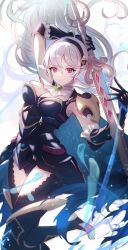 Rule 34 | 1girl, armor, ascot, barefoot, black armor, black thighhighs, breastplate, breasts, bridal gauntlets, cape, cleavage, corrin (female) (fire emblem), corrin (female) (nohr noble) (fire emblem), corrin (fire emblem), fire emblem, fire emblem fates, gloves, hair between eyes, hairband, highres, holding, holding sword, holding weapon, long hair, looking at viewer, medium breasts, nintendo, norimaki (nrmk norinori), official alternate costume, pink eyes, pointy ears, simple background, solo, splashing, stirrup legwear, sword, thighhighs, toeless legwear, torn cape, torn clothes, very long hair, water, weapon, white ascot, white background, white hair, yato (fire emblem)
