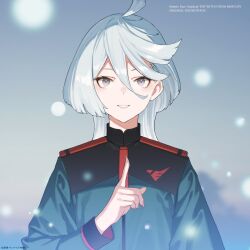 Rule 34 | 1girl, ahoge, album cover, asticassia school uniform, blurry, blurry background, cd (source), copyright name, cover, english text, grey eyes, gundam, gundam suisei no majo, hair between eyes, highres, long hair, long sleeves, looking at viewer, miorine rembran, mogumo, necktie, official art, parted lips, red necktie, school uniform, smile, solo, upper body, white eyes, white hair