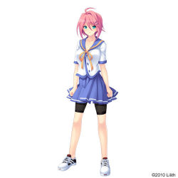 Rule 34 | 1girl, bike shorts, blue eyes, breasts, game cg, hair ornament, hairclip, large breasts, lilith-soft, lowres, pink hair, poyopoyo oppai summer, school uniform, shoes, shorts, shorts under skirt, simple background, skirt, sneakers, solo, taira tsukune, tokieda yuzu