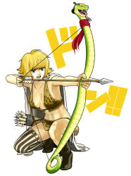Rule 34 | 1girl, abs, amazon lily, amazon warrior, arrow (projectile), asymmetrical clothes, asymmetrical thighhighs, blonde hair, boots, bow, bow (weapon), cape, cloak, full body, legs, marguerite (one piece), midriff, navel, one piece, quiver, short hair, simple background, single thighhigh, snake, solo, striped clothes, striped thighhighs, suyu38, thighhighs, vertical-striped clothes, vertical-striped thighhighs, weapon