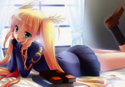 Rule 34 | 1girl, :p, alfhild tranen, artist request, bed, black socks, blazer, blonde hair, blush, book, book stack, curtains, green eyes, head rest, head wings, highres, jacket, long hair, long sleeves, lying, necktie, on stomach, prawf clwyd, school uniform, skirt, smile, socks, solo, tongue, tongue out, twintails, window, wings