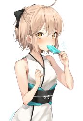 Rule 34 | 1girl, ahoge, artist name, bad id, bad pixiv id, bare shoulders, blonde hair, blush, commentary request, eating, embarrassed, eyes visible through hair, fate/grand order, fate (series), food, hair between eyes, hair ribbon, half updo, highres, ice cream, ishida umi, japanese clothes, looking at viewer, obi, okita souji (fate), okita souji (koha-ace), open mouth, popsicle, ribbon, sash, short hair, sidelocks, simple background, sleeveless, solo, tearing up, white background, yellow eyes