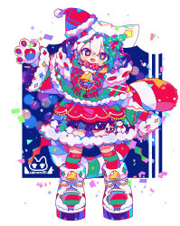 1girl :3 absurdres animal_ears animal_hands bell christmas christmas_tree fang full_body gloves green_eyes green_hair hat heterochromia highres multicolored_hair open_mouth original paw_gloves red_eyes santa_hat star-shaped_pupils star_(symbol) symbol-shaped_pupils uenomigi white_background white_hair