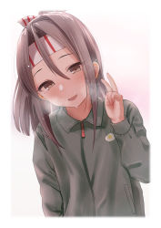 Rule 34 | 1girl, alternate costume, blush, border, breath, brown eyes, brown hair, commentary request, egg print, green jacket, hachimaki, hair between eyes, headband, highres, jacket, kantai collection, long hair, long sleeves, looking at viewer, parted lips, ponytail, sakieko, simple background, solo, sweat, upper body, white border, zipper, zuihou (kancolle)
