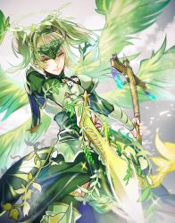 Rule 34 | 1boy, angel, armor, blonde hair, breastplate, circlet, cloud, dual wielding, expressionless, gradient hair, green eyes, green hair, halo, holding, male focus, matching hair/eyes, michael (p&amp;d), multicolored hair, multiple wings, nine-year, plant, puzzle &amp; dragons, solo, sword, two side up, vines, weapon, wings