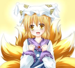 Rule 34 | 1girl, bad id, bad pixiv id, blonde hair, female focus, fox tail, hat, kmkm9696, multiple tails, open mouth, short hair, solo, tabard, tail, touhou, upper body, yakumo ran, yellow eyes