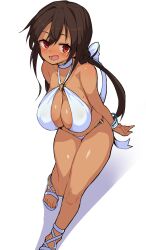 Rule 34 | 1girl, absurdres, bikini, blush, breasts, brown hair, buta-don, cleavage, dark-skinned female, dark skin, from above, hair ribbon, highres, large breasts, long hair, looking at viewer, mole, mole on breast, open mouth, original, red eyes, ribbon, sandals, simple background, smile, solo, swimsuit, twintails, white background, white bikini