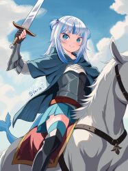 1girl absurdres arm_armor black_gloves blue_cape blue_eyes blue_hair blue_skirt blue_sky cape cloud cloudy_sky commentary cuirass english_commentary fingerless_gloves fins fish_tail gawr_gura gloves hair_ornament highres holding holding_sword holding_weapon hololive horse looking_at_viewer looking_down medium_hair multicolored_hair shark_girl shark_hair_ornament shark_tail short_twintails skirt sky smile solo sword tail thighhighs twintails twitter_username two-tone_hair varliet virtual_youtuber weapon white_hair white_horse zettai_ryouiki