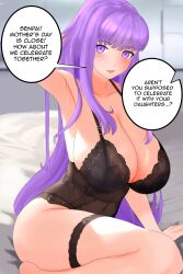 Rule 34 | 1girl, arm behind head, armpits, babydoll, bb (fate), black babydoll, blush, breasts, cleavage, collarbone, english text, fate/extra, fate/extra ccc, fate/grand order, fate (series), highres, huge breasts, lingerie, lips, long hair, looking at viewer, parted lips, purple eyes, purple hair, raskasar, speech bubble, thick thighs, thigh strap, thighs, underwear