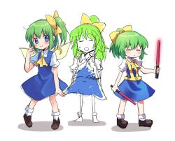 Rule 34 | 3girls, ascot, blouse, blue dress, blush, bow, brown footwear, closed eyes, closed mouth, colored skin, commentary request, cookie (touhou), daiyousei, diyusi (cookie), dress, fairy wings, full body, green hair, hair between eyes, hair bow, high-visibility vest, holding, looking at another, looking to the side, medium hair, multiple girls, open mouth, parody, pinafore dress, ponytail, puffy short sleeves, puffy sleeves, shirt, shoes, short sleeves, side ponytail, simple background, sketch, sleeveless dress, smile, socks, style parody, touhou, traffic baton, white background, white legwear, white shirt, white skin, wings, xox xxxxxx, yellow ascot, yellow bow