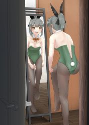 Rule 34 | 1girl, absurdres, alternate costume, animal ears, black pantyhose, bow, bowtie, brown eyes, commentary request, detached collar, door, fake animal ears, feet out of frame, from behind, green leotard, grey hair, highres, igarashi (whale shark sig), kantai collection, leotard, long hair, mirror, orange bow, orange bowtie, pantyhose, playboy bunny, rabbit ears, rabbit tail, reflection, solo, strapless, strapless leotard, tail, unzipped, wrist cuffs, yuubari (kancolle)