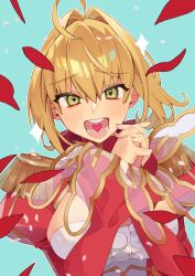 Rule 34 | 1girl, ahoge, blonde hair, blush, breasts, buttons, cleavage, fate/grand order, fate (series), green eyes, heart, heart in mouth, highres, juliet sleeves, kujiraoka, large breasts, long sleeves, looking at viewer, nero claudius (fate), nero claudius (fate) (all), own hands clasped, own hands together, petals, puffy sleeves, shoulder pads, solo, sparkle, upper body