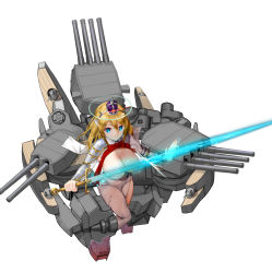 Rule 34 | 1girl, armor, armpits, battleship, bracer, breasts, cannon, commentary request, crown, dress, from above, hms king george v, holding, holding sword, holding weapon, kuuro kuro, large breasts, machinery, mc axis, mecha musume, military, military vehicle, mini crown, pauldrons, personification, royal navy, ship, shoulder armor, simple background, solo, sword, turret, warship, watercraft, weapon, white background, white dress, world war ii