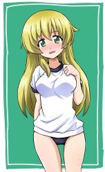 Rule 34 | 1girl, arm behind back, blonde hair, blue buruma, blush, buruma, carpaccio (girls und panzer), commentary, cowboy shot, girls und panzer, green background, green eyes, gym shirt, gym uniform, hand on own chest, highres, long hair, looking at viewer, one-hour drawing challenge, open mouth, outside border, ponzu rui, shirt, smile, solo, standing, t-shirt, thighs, white shirt