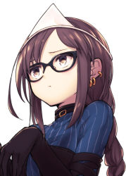 Rule 34 | 1girl, absurdres, black-framed eyewear, black gloves, braid, braided ponytail, brown eyes, brown hair, commentary request, earrings, elbow gloves, fate/grand order, fate (series), ghost pose, glasses, gloves, hazumi otoya, highres, jewelry, long hair, looking away, simple background, single braid, solo, striped, triangular headpiece, upper body, vertical stripes, white background, yu mei-ren (fate), yu mei-ren (first ascension) (fate)
