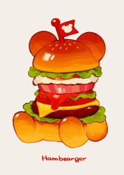 Rule 34 | absurdres, animal-themed food, bread bun, burger, cheese, commentary, english text, flag, food, food art, food focus, highres, kaname (emanalc), ketchup, lettuce, meat, no humans, original, pun, sesame seeds, simple background, sitting, tomato, tomato slice, vegetable, white background