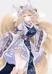 Rule 34 | 1girl, animal ears, blonde hair, blush, closed mouth, dress, feet out of frame, fox ears, fox tail, frilled sleeves, frills, grey background, hat, highres, long sleeves, looking at viewer, mob cap, multiple tails, purple sash, sarasadou dan, sash, short hair, simple background, slit pupils, solo, tabard, tail, touhou, white dress, white hat, wide sleeves, yakumo ran, yellow eyes