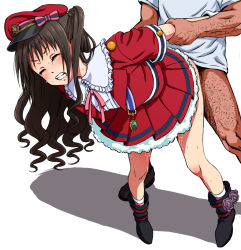 Rule 34 | 1boy, 1girl, ankle boots, arm grab, arm hair, arms behind back, blush, boots, brown hair, clenched teeth, closed eyes, clothed sex, commentary request, crying, dekitate evo! revo! generation!, eyebrows, facing viewer, frills, full body, hat, hetero, idolmaster, idolmaster cinderella girls, implied sex, leaning forward, leg hair, legs apart, long hair, mitamura-kun (landcell), pleated skirt, pussy juice, rape, scowl, sex, shimamura uzuki, short sleeves, simple background, skirt, socks, solo focus, standing, standing sex, sweat, tears, teeth, white background