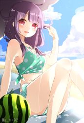 Rule 34 | 10s, 1girl, beach, breasts, cleavage, cloud, day, food, fruit, green eyes, jewelry, kantai collection, long hair, medium breasts, necklace, outdoors, purple hair, red eyes, shijima (sjmr02), signature, sky, solo, taigei (kancolle), twitter username, watermelon, wet