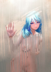 Rule 34 | 1girl, absurdres, against glass, bathing, blue hair, breasts, completely nude, condensation, contrail, convenient censoring, cowboy shot, glass, hand on breast, hand on glass, hand on own chest, highres, large breasts, leaning forward, light smile, llk (740486133), long hair, looking at viewer, nipples, nude, purple eyes, showering, sketch, solo, steam, steam censor, window fog