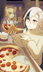 Rule 34 | 2girls, absurdres, alternate costume, arlecchino (genshin impact), black eyes, black hair, blonde hair, commentary, food, genshin impact, grey sweater, highres, holding, holding food, holding pizza, long sleeves, looking at viewer, lumine (genshin impact), multicolored hair, multiple girls, open mouth, pizza, pizza slice, ribbed sweater, streaked hair, sweater, white hair, yellow eyes, yellow glasses (odivichno)
