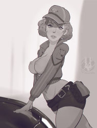 Rule 34 | 10s, 1girl, artist request, baseball cap, belt, breasts, breasts out, car, cidney aurum, denim, final fantasy, final fantasy xv, hat, hip focus, holster, jacket, lips, long sleeves, looking at viewer, midriff, monochrome, motor vehicle, navel, nipples, no bra, parted lips, pouch, short hair, shorts, thighs, unzipped, vehicle