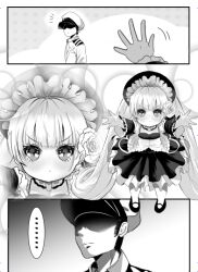 Rule 34 | ..., 1boy, 1girl, 3koma, absurdly long hair, azur lane, bonnet, carry me, comic, commander (azur lane), commentary, english commentary, faceless, faceless male, hat, little formidable (azur lane), long hair, monochrome, outstretched arms, peaked cap, tmo88, twintails, two-tone dress, very long hair
