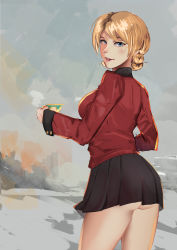 Rule 34 | 1girl, absurdres, ass, bad id, bad pixiv id, black skirt, blue eyes, blush, braid, cup, darjeeling (girls und panzer), french braid, girls und panzer, highres, kowaremashita, lipstick, looking at viewer, looking back, makeup, miniskirt, painterly, parted lips, red lips, skirt, smile, solo, st. gloriana&#039;s military uniform, standing, teacup, thighs, twin braids