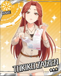 Rule 34 | 10s, 1girl, artist request, belt, brown eyes, card (medium), character name, collarbone, dress, holding, holding paper, idolmaster, idolmaster cinderella girls, jewelry, long hair, looking at viewer, necklace, official art, open mouth, paper, red hair, ripping, solo, sun symbol, zaizen tokiko