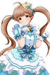 Rule 34 | 1girl, ahoge, animal ears, blue bow, blue dress, blush, bow, brown hair, buttons, cat ears, clenched hands, commentary, drapitz, dress, frilled dress, frilled sleeves, frills, gloves, hair bow, hakozaki serika, hands up, hat, highres, idolmaster, idolmaster million live!, long hair, looking at viewer, mini hat, parted lips, paw pose, puffy short sleeves, puffy sleeves, short sleeves, solo, striped, striped bow, twintails, white background, white gloves, yellow eyes