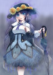Rule 34 | 1girl, black hair, blue eyes, breasts, cloak, dress, flower, hat, highres, long hair, looking at viewer, low twintails, mizunashi (second run), open mouth, original, smile, solo, standing, twintails, umbrella