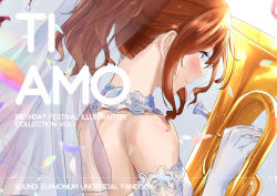 Rule 34 | 1girl, bare shoulders, blush, breasts, brown eyes, brown hair, closed mouth, copyright name, elbow gloves, english text, euphonium, from side, gloves, gradient background, grey background, hibike! euphonium, highres, holding, holding instrument, instrument, italian text, kuziaaizuk, nape, oumae kumiko, pink lips, profile, see-through, short hair, short ponytail, small breasts, smile, solo, sparkle, veil, white gloves