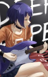 Rule 34 | 1girl, absurdres, bass guitar, bedroom, black eyes, blue hair, blush, boku no hero academia, breasts, choker, collarbone, female focus, fengling (furin-jp), highres, instrument, jirou kyouka, legs, music, open mouth, playing instrument, short hair, skirt, small breasts, solo