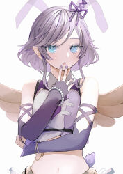 1girl :o absurdres animal_ears bare_shoulders blue_eyes bracelet brown_wings collared_jacket commentary_request cross-laced_clothes cross-laced_sleeves detached_sleeves fake_animal_ears grey_jacket hair_ribbon hand_on_own_chin hand_on_own_elbow hand_up highres jacket jewelry long_sleeves looking_at_viewer mebuki_(moon_angel_4) nail_polish navel open_mouth original pearl_bracelet pointy_ears purple_hair purple_nails purple_ribbon purple_sleeves rabbit_ears ribbon short_hair sidelocks simple_background sleeveless sleeveless_jacket sleeves_past_wrists solo tongue upper_body white_background wings