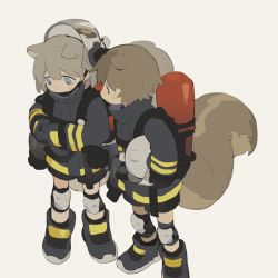 Rule 34 | 2girls, animal ears, animal ears helmet, aqua eyes, arknights, black gloves, black shorts, blue eyes, blush, boots, brown eyes, brown hair, carrying, carrying under arm, commentary, d.y.x., fire helmet, firefighter, firefighter jacket, full body, gloves, grey background, grey hair, helmet, holding, jacket, knee pads, long sleeves, looking at another, multiple girls, open mouth, oxygen mask, oxygen tank, shaw (arknights), short hair, shorts, simple background, squirrel ears, squirrel girl, squirrel tail, standing, symbol-only commentary, tail, teeth, upper teeth only