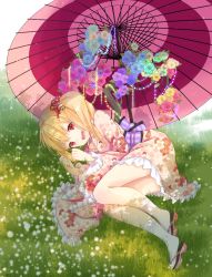 Rule 34 | 1girl, blonde hair, flandre scarlet, floral print, flower, hair ribbon, japanese clothes, kimono, long sleeves, looking at viewer, lying, noala, obi, oil-paper umbrella, on grass, on ground, on side, open mouth, red eyes, red footwear, ribbon, sash, shoes, smile, socks, solo, touhou, umbrella, white socks, wide sleeves, wings, yukata