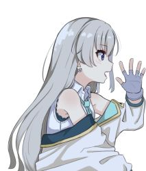 Rule 34 | 1girl, bare shoulders, blue eyes, blush, collared shirt, commentary request, earrings, fingerless gloves, from side, gloves, green necktie, grey hair, hair between eyes, hand up, highres, hisakawa hayate, idolmaster, idolmaster cinderella girls, idolmaster cinderella girls starlight stage, jacket, jewelry, long hair, long sleeves, looking away, necktie, off shoulder, open clothes, open jacket, open mouth, profile, shirt, shiwa (siwaa0419), simple background, sleeveless, sleeveless shirt, solo, very long hair, whispering, white background, white gloves, white jacket, white shirt
