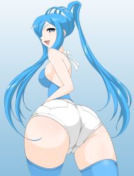 Rule 34 | 10s, 1girl, aoki hagane no arpeggio, ass, back, bare shoulders, blue eyes, blue hair, breasts, come hither, denim, denim shorts, from behind, from below, hair over one eye, highres, huge ass, long hair, looking at viewer, looking back, matching hair/eyes, meea, mole, narrow waist, naughty face, open mouth, ponytail, seductive smile, short shorts, shorts, sideboob, smile, solo, takao (aoki hagane no arpeggio), thighhighs, tongue, very long hair, wide hips