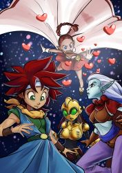 Rule 34 | 1990s (style), 3girls, belt, blue dress, braid, breasts, brown hair, cape, chrono (series), chrono trigger, cleavage, crono (chrono trigger), downblouse, dress, flea (chrono trigger), genderswap, genderswap (mtf), gloves, headband, heart, highres, ian samson, large breasts, looking down, machinery, magus (chrono trigger), midnight bliss, midriff, monster, multiple girls, no legwear, parted lips, pointy ears, red dress, red hair, retro artstyle, robo (chrono trigger), scarf, short hair, single braid, sleeveless, small breasts, spiked hair, surprised, wavy mouth