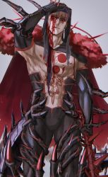 Rule 34 | 1boy, arm up, bare pectorals, blood, blood on face, blue hair, bodypaint, cape, cowboy shot, cu chulainn (fate), cu chulainn (fate) (all), cu chulainn (fate/stay night), cu chulainn alter (fate), cu chulainn alter (fate/grand order), cu chulainn alter (third ascension) (fate), dark persona, earrings, elbow gloves, facepaint, fate/grand order, fate (series), fur, gae bolg (fate), gloves, grey background, hair strand, highres, holding, holding weapon, hood, hood up, hooded cape, jewelry, kuroda matsurika, lancer, licking lips, long hair, looking down, male focus, monster boy, muscular, nipples, pants, pectorals, red eyes, simple background, solo, tongue, tongue out, topless male, type-moon, weapon